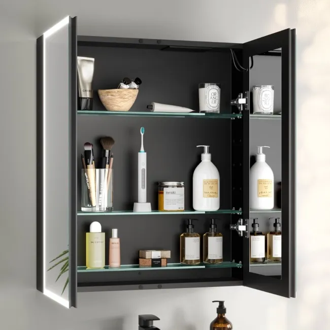 Esme Battery Powered Matt Black Illuminated LED Mirror Cabinet 700x600mm