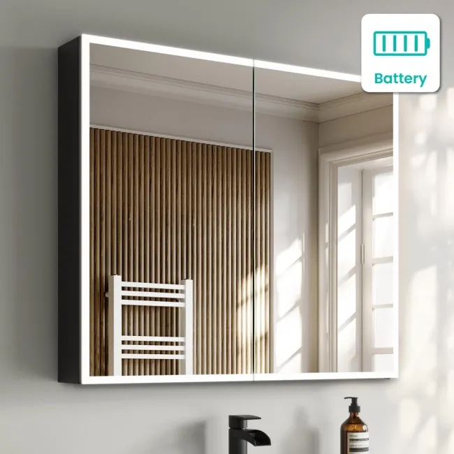 Esme Battery Powered Matt Black Illuminated LED Mirror Cabinet 700x800mm