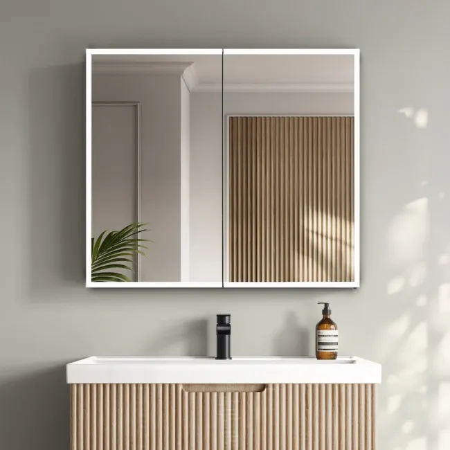 Esme Battery Powered Matt Black Illuminated LED Mirror Cabinet 700x800mm