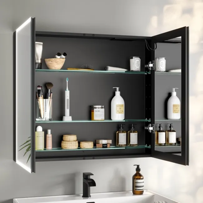 Esme Battery Powered Matt Black Illuminated LED Mirror Cabinet 700x800mm