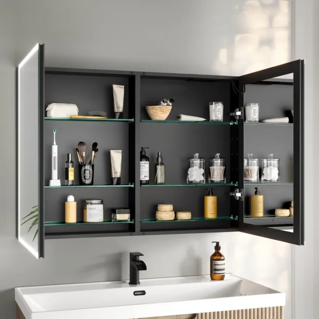 Esme Battery Powered Matt Black Illuminated LED Mirror Cabinet 700x1000mm