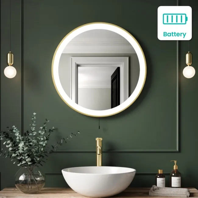 Delilah Battery Powered Brushed Brass Round Illuminated LED Mirror 600mm