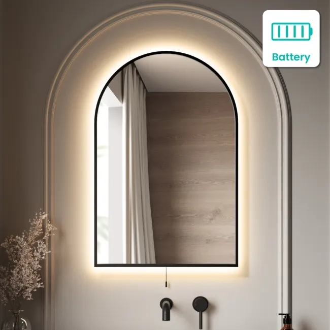 Maya Battery Powered Black Framed Arched Backlit Illuminated LED Mirror 750x500mm
