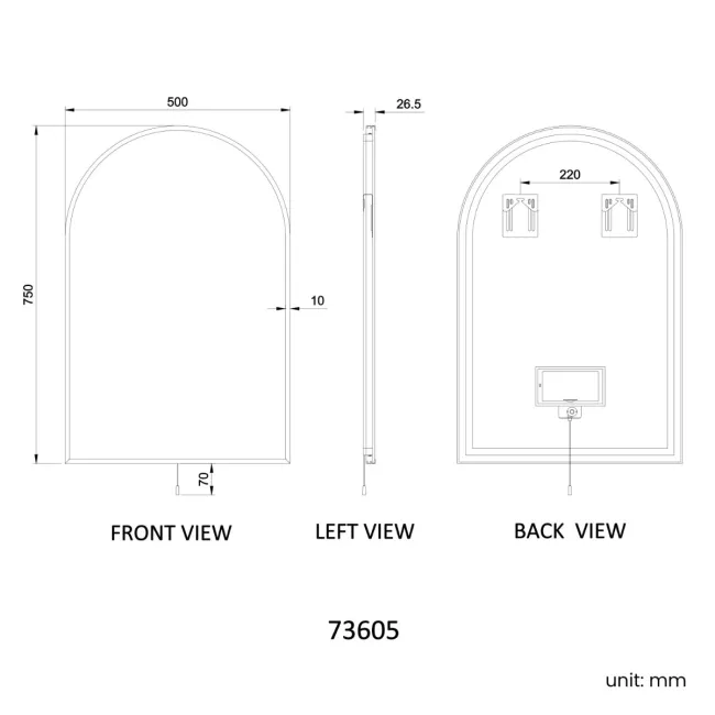 Maya Battery Powered Black Framed Arched Backlit Illuminated LED Mirror 750x500mm