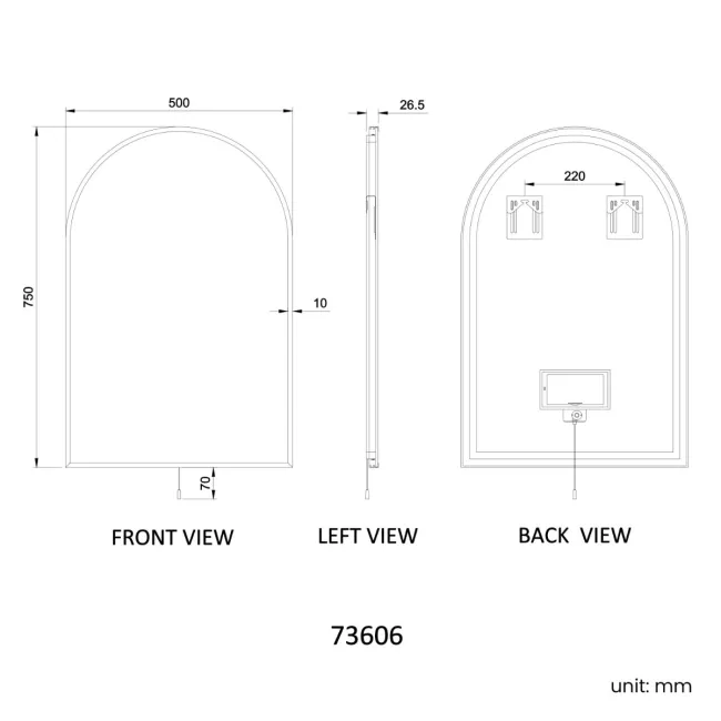 Maya Battery Powered Brushed Brass Arched Backlit Illuminated LED Mirror 750x500mm