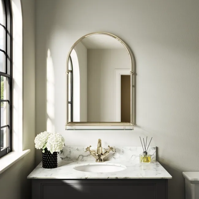 Avoca Traditional English Gold Arched Mirror with Shelf 700x490mm