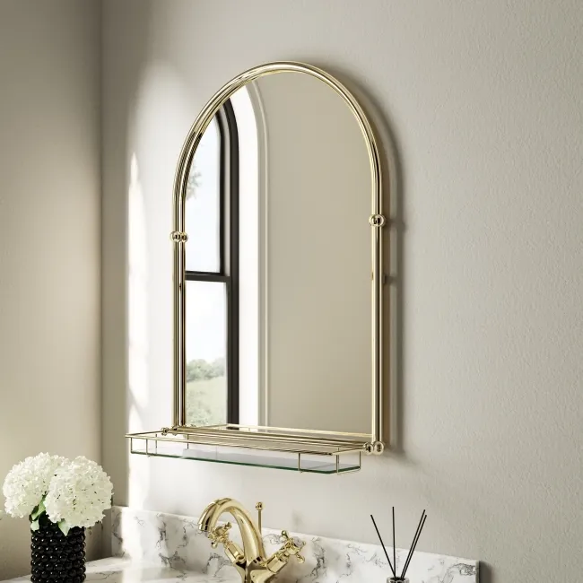 Avoca Traditional English Gold Arched Mirror with Shelf 700x490mm