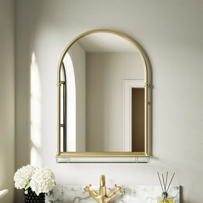 Avoca Traditional Brushed Brass Arched Mirror with Shelf 700x490mm