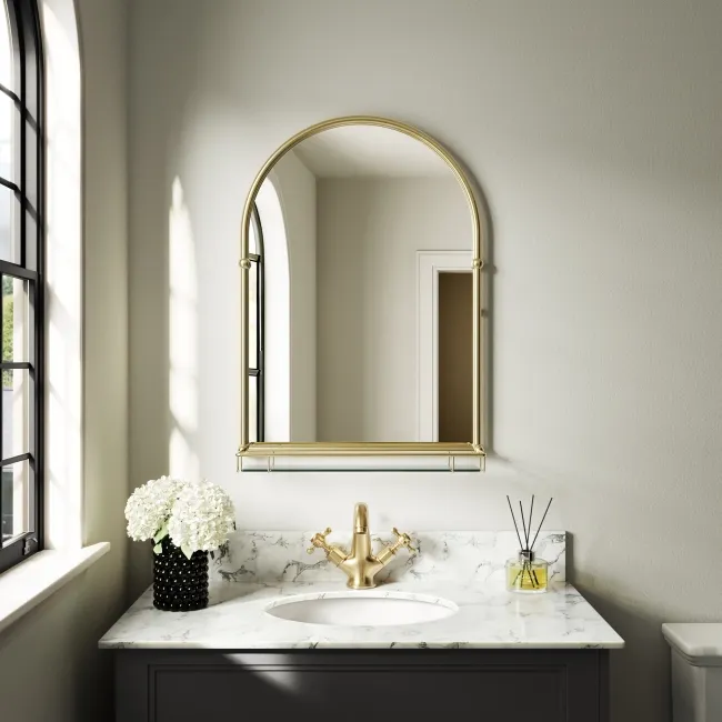 Avoca Traditional Brushed Brass Arched Mirror with Shelf 700x490mm