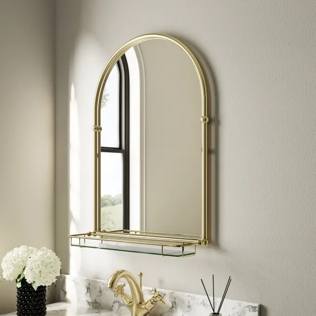 Avoca Traditional Brushed Brass Arched Mirror with Shelf 700x490mm