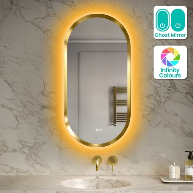 Isabel Brushed Brass Pill RGB LED Mirror with Ghost Technology 1000x500mm