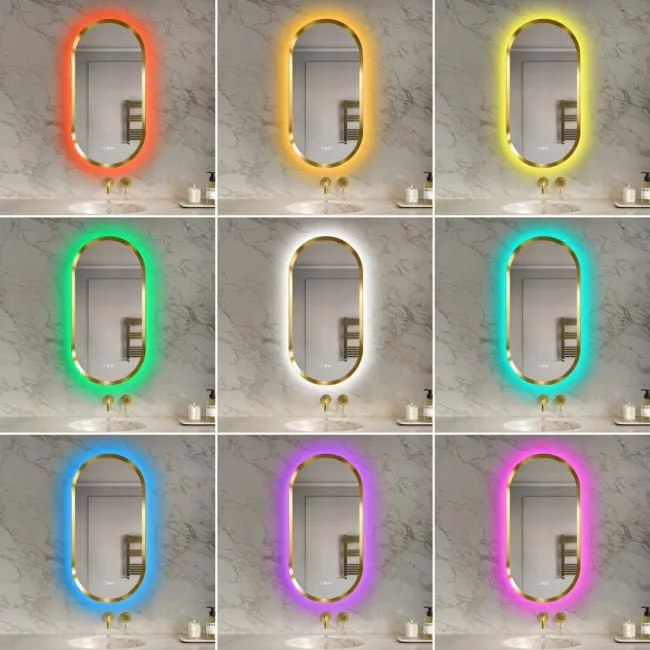 Isabel Brushed Brass Pill RGB LED Mirror with Ghost Technology 1000x500mm