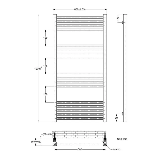 Valetta Electric Matt Black Square Heated Towel Rail 1200x600mm