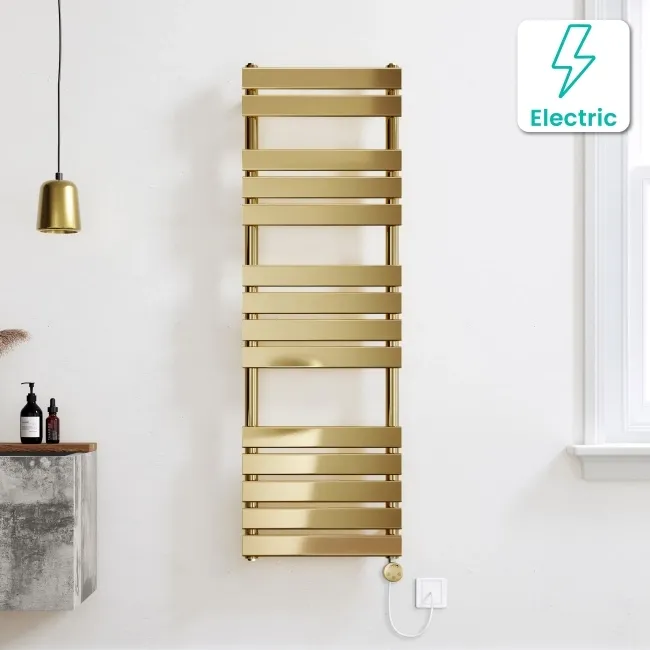 Santorini Electric Brushed Brass Flat Panel Heated Towel Rail 1400x450mm