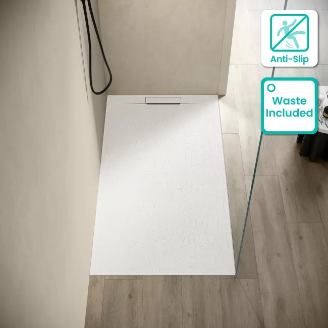 Tokyo Rectangular Matt White Slate Texture Stone Shower Tray 1600x800mm