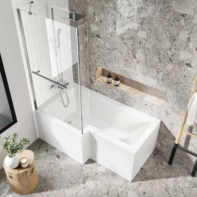 L Shaped 1500 Shower Bath & 4mm Fixed Screen with Rail - Left Handed