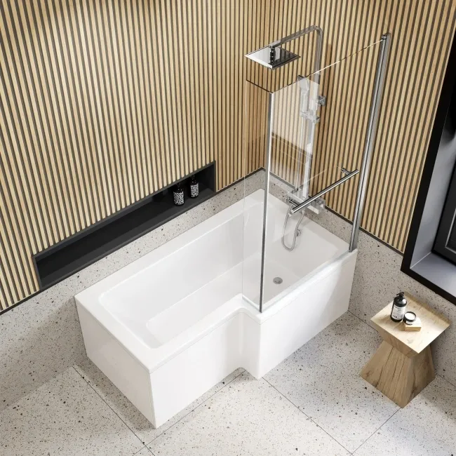 L Shaped 1500 Shower Bath with Front Panel & 6mm Easy Clean Screen with Rail - Right Handed