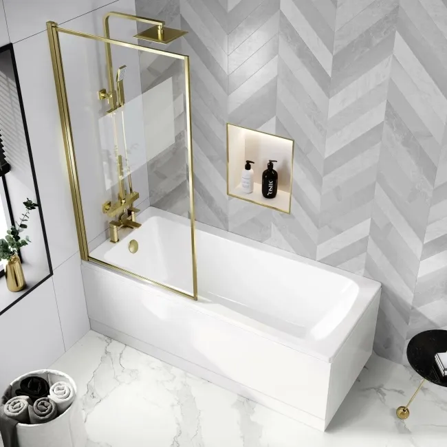 Hereford 1500x700 Square Shower Bath & 6mm Easy Clean Brushed Brass Framed Bath Screen