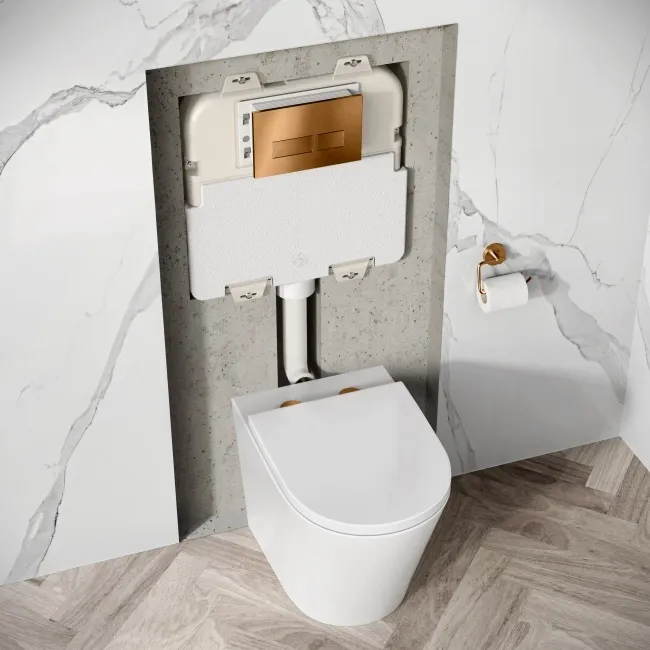 Idaho Pneumatic Concealed Cistern with Brushed Copper Flush Plate - Square Buttons