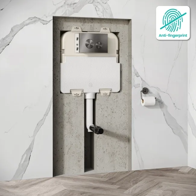 Idaho Pneumatic Concealed Cistern with Brushed Gunmetal Flush Plate - Round Buttons