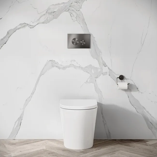 Idaho Pneumatic Concealed Cistern with Brushed Gunmetal Flush Plate - Round Buttons