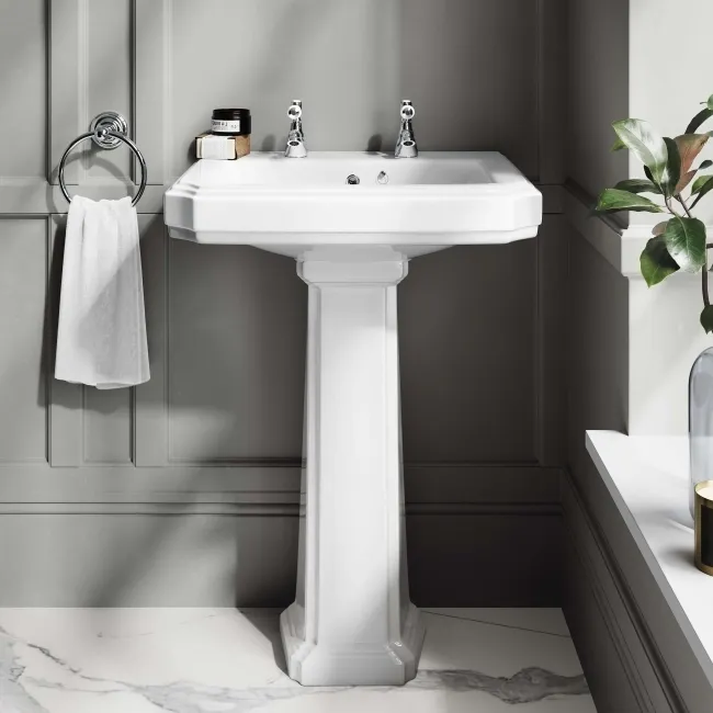 Hudson Traditional High-Level Toilet With Chalk White Seat & Pedestal Basin - Double Tap Hole