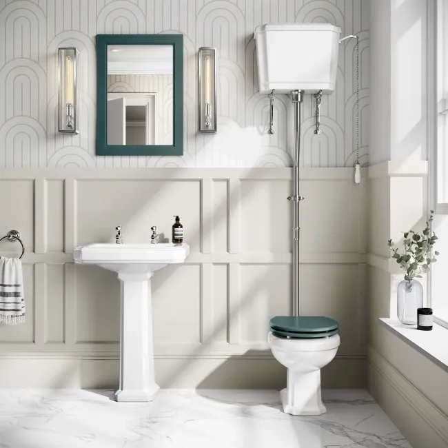 Hudson Traditional High-Level Toilet With Midnight Green Seat & Pedestal Basin - Double Tap Hole
