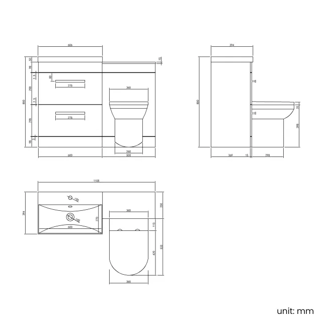 Avon Gloss White Combination Basin Drawer and Miami Toilet 1100mm