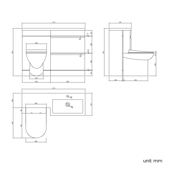 Trent Gloss White Combination Basin Drawer and Aruba Toilet 1100mm - Right Handed