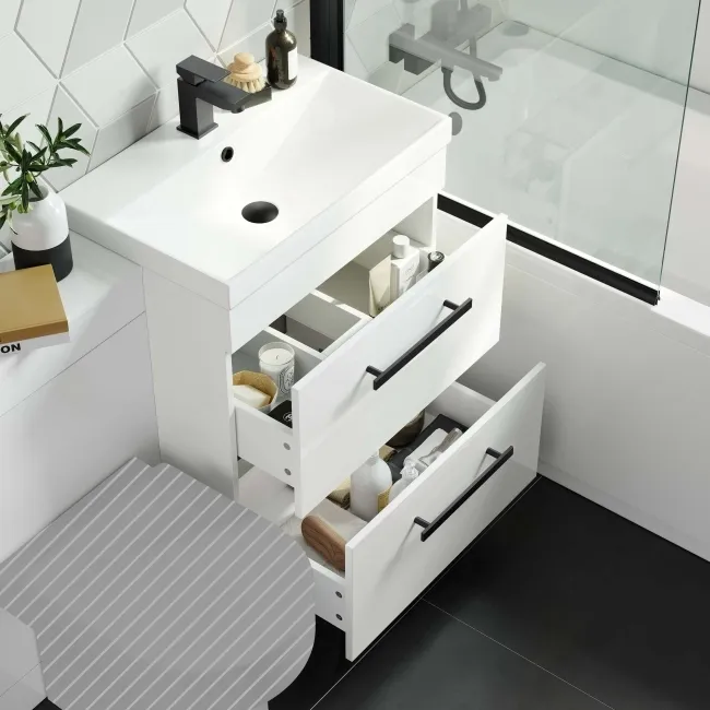Avon Gloss White Basin Drawer Vanity and Back To Wall Toilet Unit 1100mm (Excludes Toilet) - Black Accents  