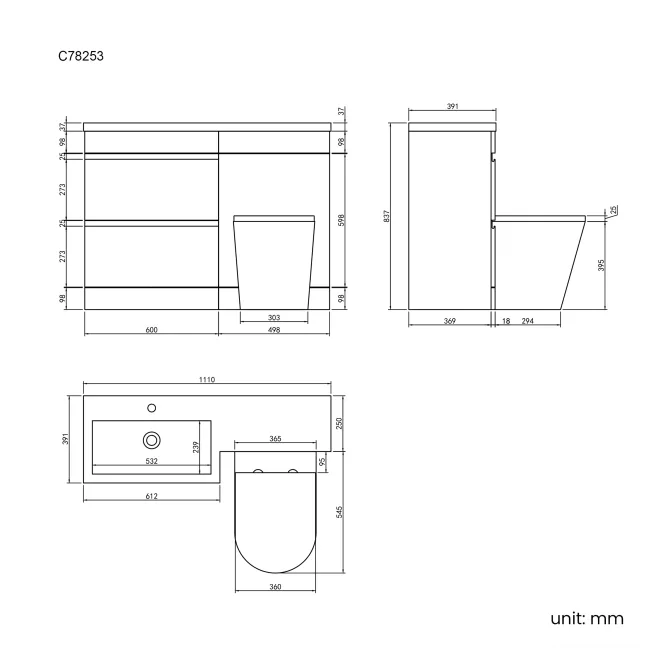 Trent Gloss White Combination Basin Drawer and Boston Toilet 1100mm - Left Handed