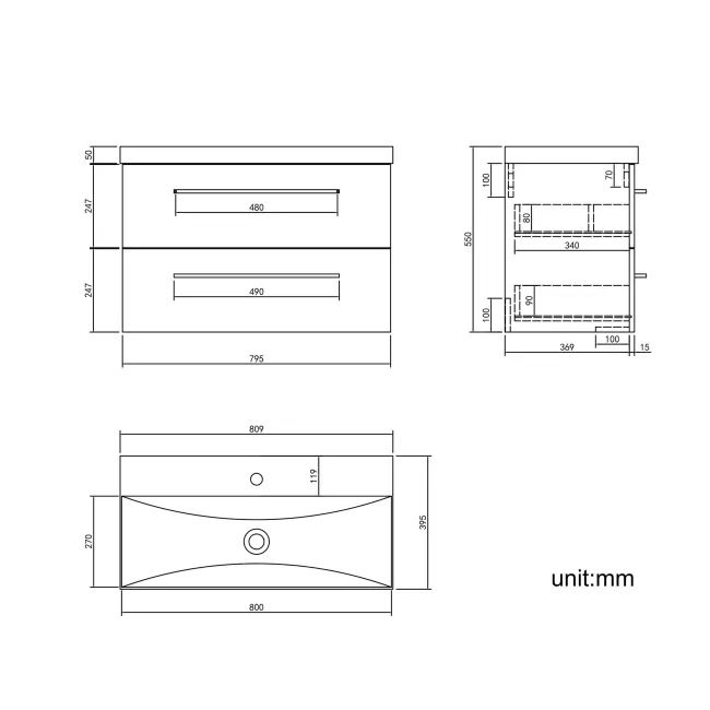 Elba Gloss White Wall Hung Basin Drawer Vanity 800mm - Black Accents