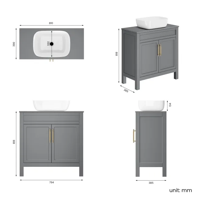 Bermuda Dove Grey Vanity with Curved Counter Top Basin 800mm - Brass Knurled Handles