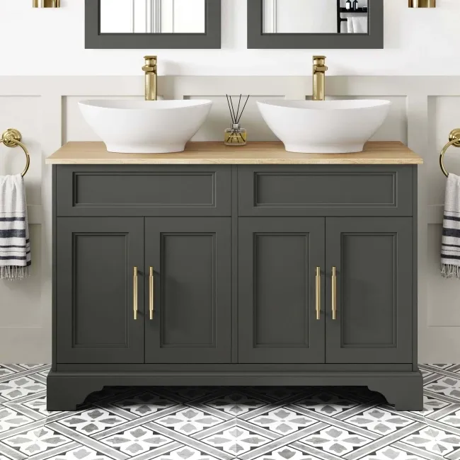 Lucia Graphite Grey Double Vanity with Oak Effect Top & Oval Counter Top Basin 1200mm - Brass Knurled Handles
