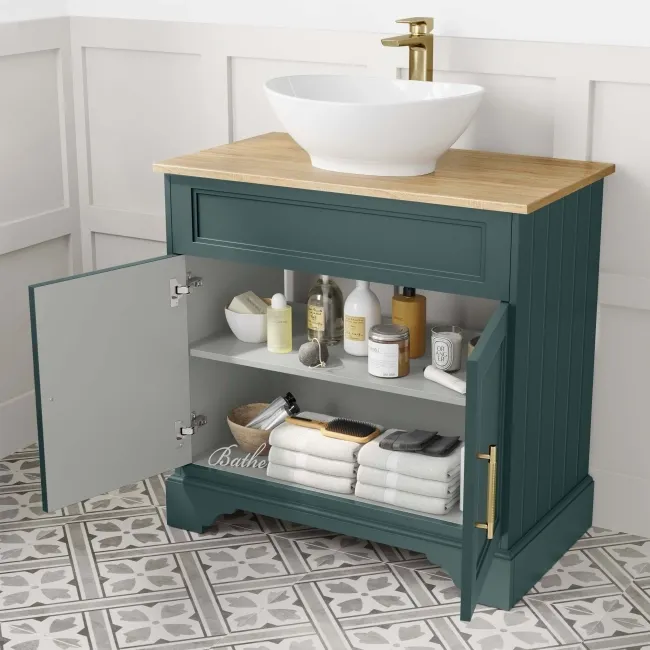 Lucia Midnight Green Vanity with Oak Effect Top & Oval Counter Top Basin 840mm - Brass Knurled Handles