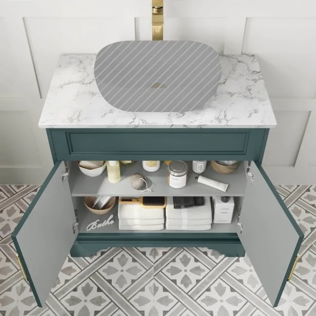 Lucia Midnight Green Cabinet with Marble Top 840mm (Excludes Counter Top Basin) - Brass Knurled Handles