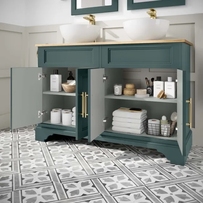 Lucia Midnight Green Double Vanity with Oak Effect Top & Round Counter Top Basin 1200mm - Brass Knurled Handles