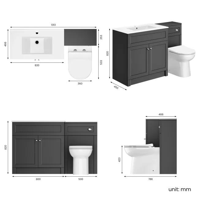 Milos Slate Grey Combination Vanity Basin and Aruba Toilet 1300mm - Chrome Handles