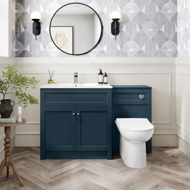 Milos Navy Blue Combination Vanity Basin and Aruba Toilet 1300mm - Chrome Handles