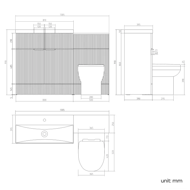 Havana Fluted Coastal White Combination Vanity Basin and Miami Toilet 1300mm - Chrome Handles