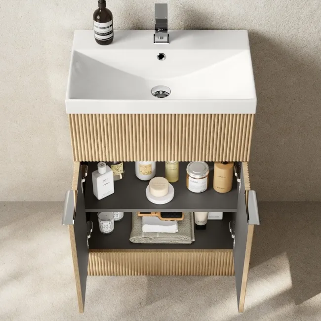 Havana Fluted Country Oak Basin Vanity 600mm - Chrome Handles
