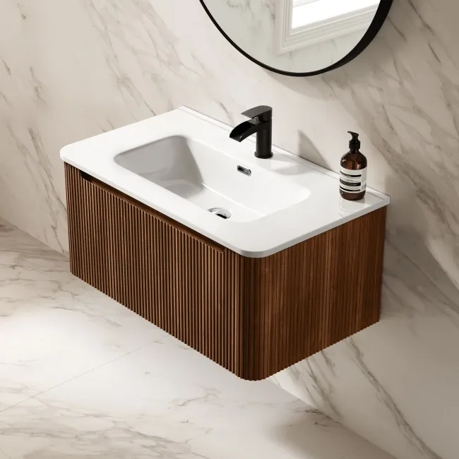 Sorrento Fluted Black Walnut Wall Hung Basin Drawer Vanity 800mm