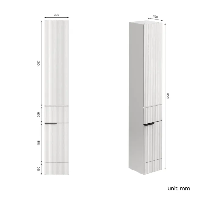 Sicily Fluted Coastal White Floor Standing Tall Cabinet Unit 1900x300mm - Black Accents