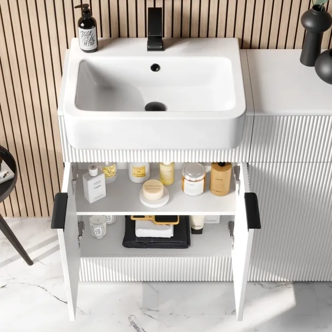 Sicily Fluted Coastal White Basin Vanity and Back To Wall Toilet Unit 1200mm (Excludes Toilet) - Black Accents