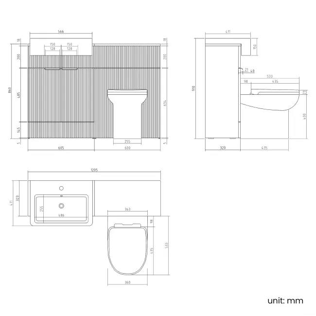 Sicily Fluted Coastal White Combination Vanity Basin and Aruba Toilet 1200mm - Black Accents