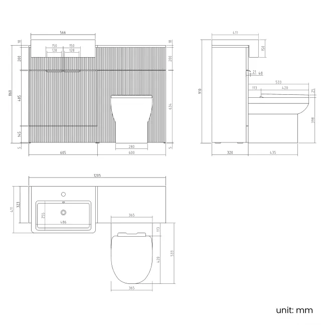 Sicily Fluted Coastal White Combination Vanity Basin and Miami Toilet 1200mm - Black Accents