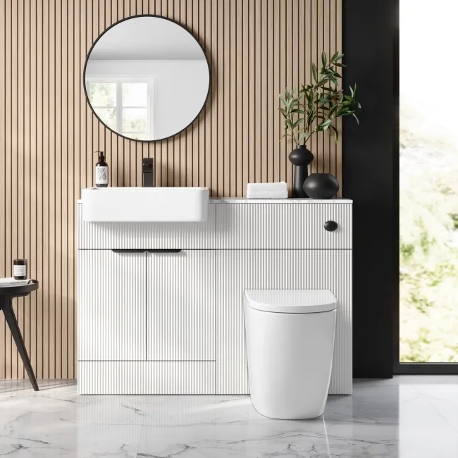 Sicily Fluted Coastal White Combination Vanity Basin with Marble Top & Utah Comfort Height Toilet 1200mm - Black Accents