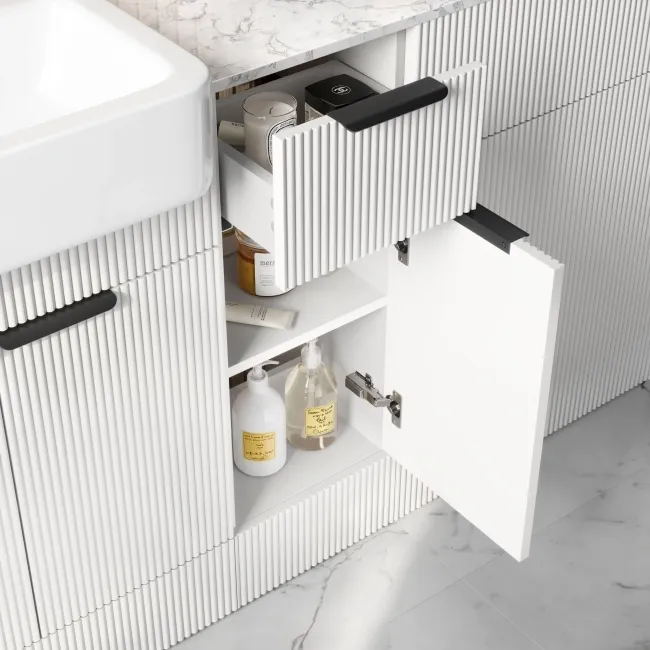 Sicily Fluted Coastal White Combination Vanity Basin with Marble Top 1500mm (Excludes Toilet) - Black Accents