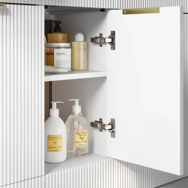 Sicily Fluted Coastal White Side Cabinet Unit 300mm - Brushed Brass Accents