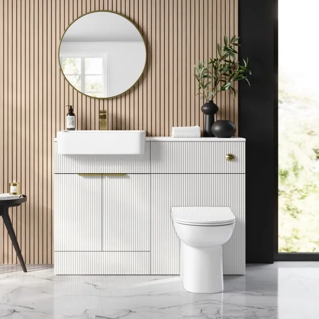 Sicily Fluted Coastal White Vanity with Semi Recessed Basin 600mm - Brushed Brass Accents